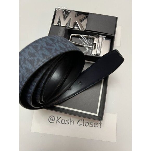 Michael Kors mens belt set 4 in 1 reversible MK signature gift box admiral blue - Picture 5 of 7